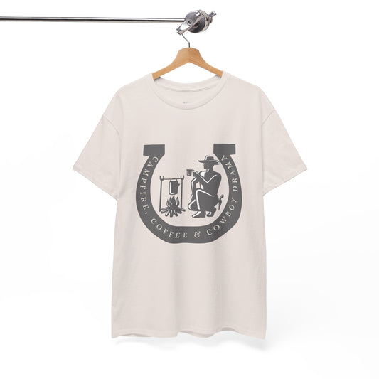 Ice gray t-shirt with a large gray horseshoe graphic around a cowboy campfire and text 'Campfire, Coffee & Cowboy Drama'