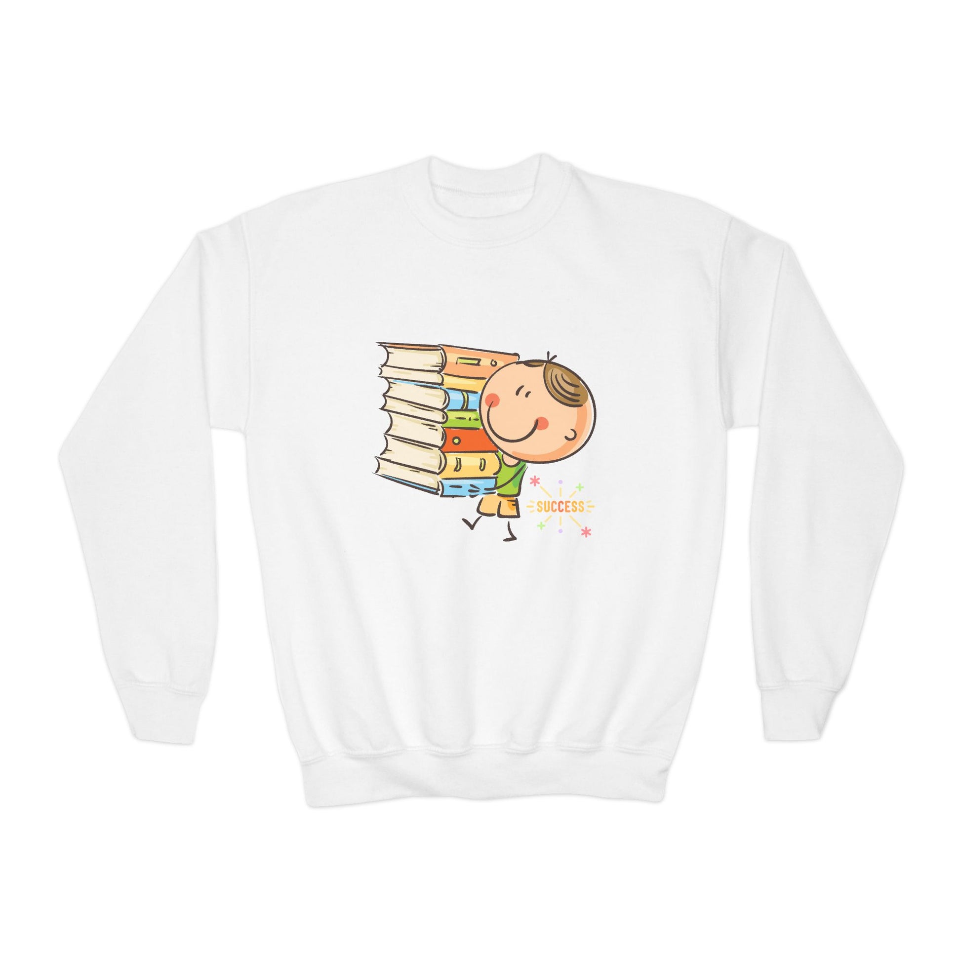White sweatshirt with a cartoon child carrying a stack of books and text 'Success' 