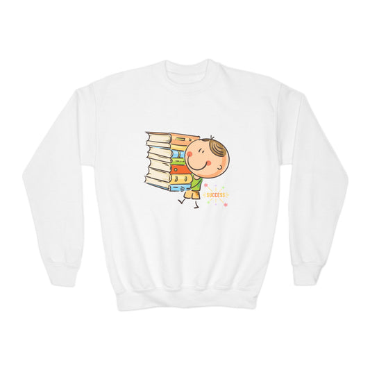 White sweatshirt with a cartoon child carrying a stack of books and text 'Success' 