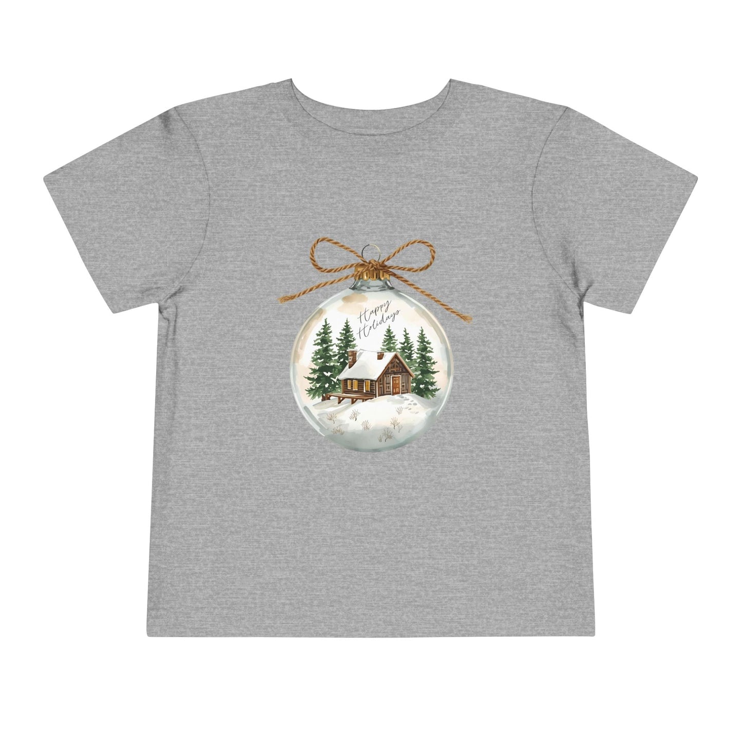 Gray toddler t-shirt with a Christmas-themed ornament graphic featuring a cabin and trees 