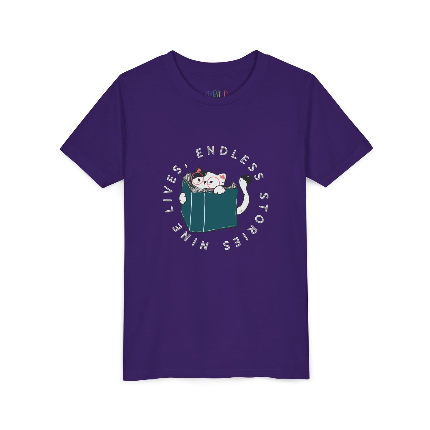Purple t-shirt with a cat reading a book graphic and text 'nine lives, endless stories'