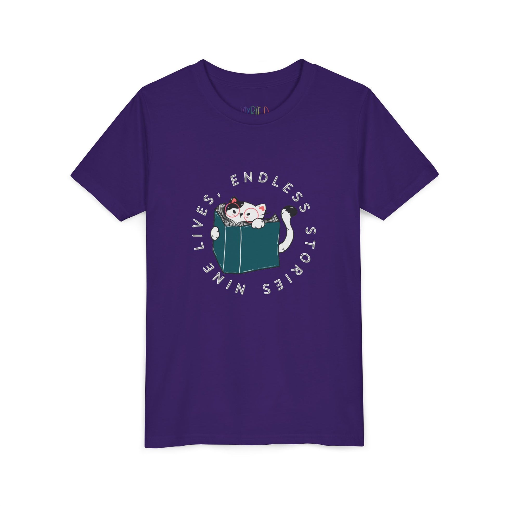Purple t-shirt with a cat reading a book graphic and text 'nine lives, endless stories'