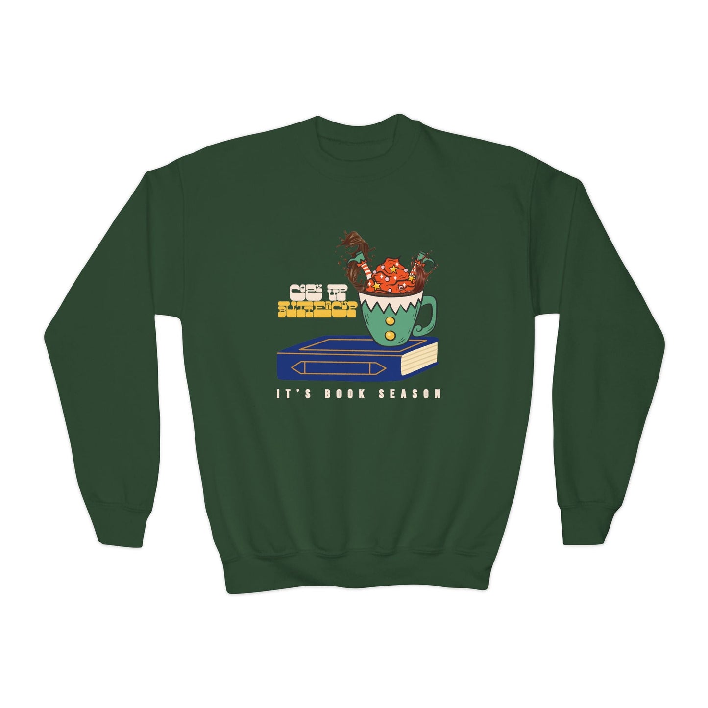 Youth Itâ€™s Book Season Sweatshirt â€“ Cozy Mug & Storytime Design Printify