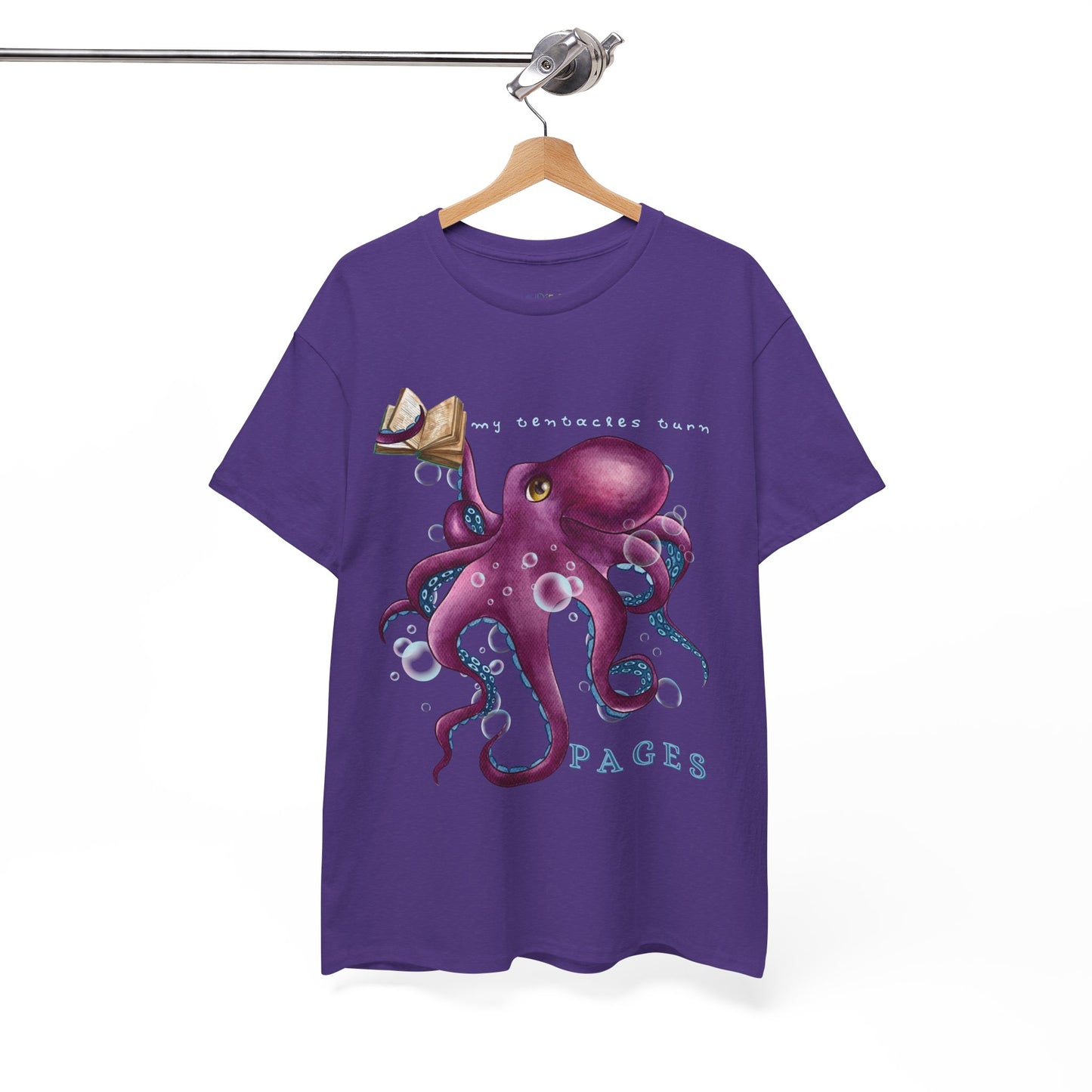 Purple t-shirt with a purple octopus design holding a book in one tentacle, bubbles and text 'My Tentacles Turn Pages' 