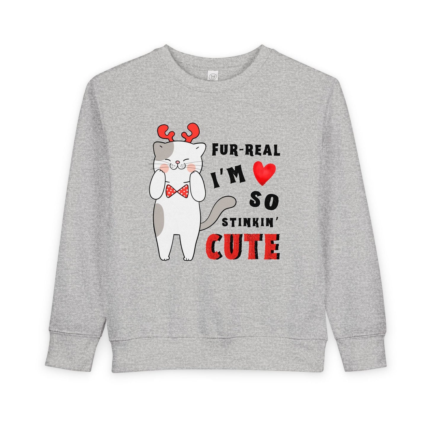 Light gray toddler sweatshirt with a gray and white cat graphic wearing red reindeer antlers, holding it's cheeks, text 'FUR-REAL I'M SO CUTE' 