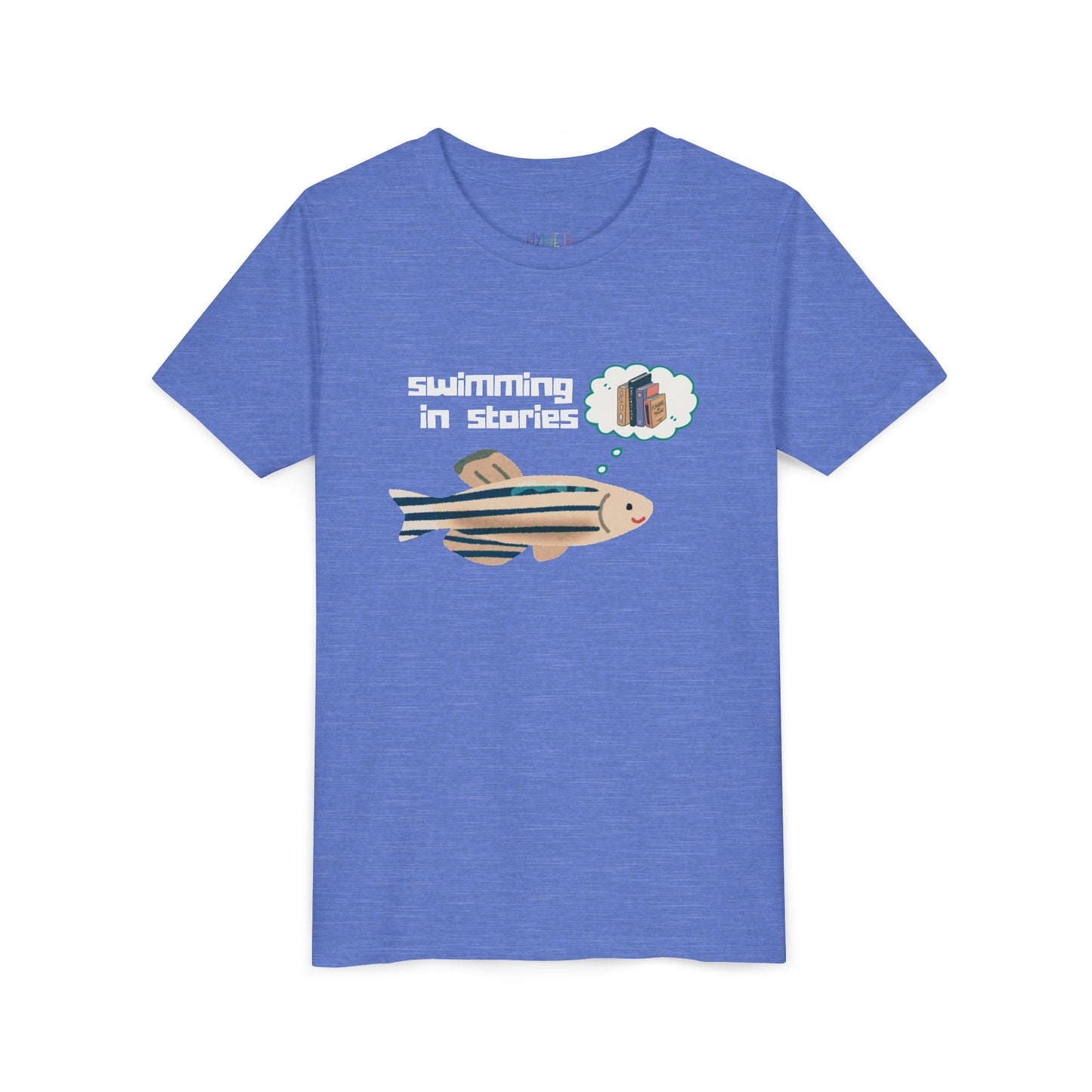 Youth Swimming in Stories Tee – Fun Reading Shirt for Curious Kids. A dreamy design for book-loving adventurers