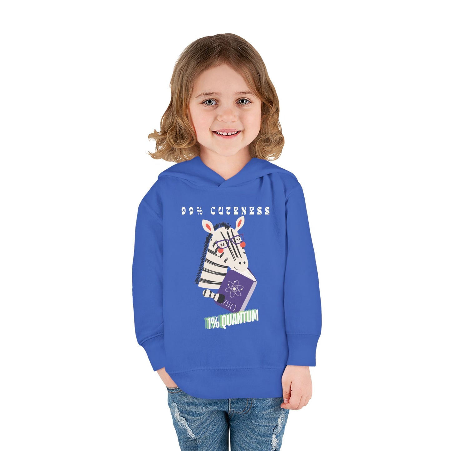 Girl wearing a blue toddler hoodie with a zebra reading a book and text '99% Cuteness 1% Quantum'