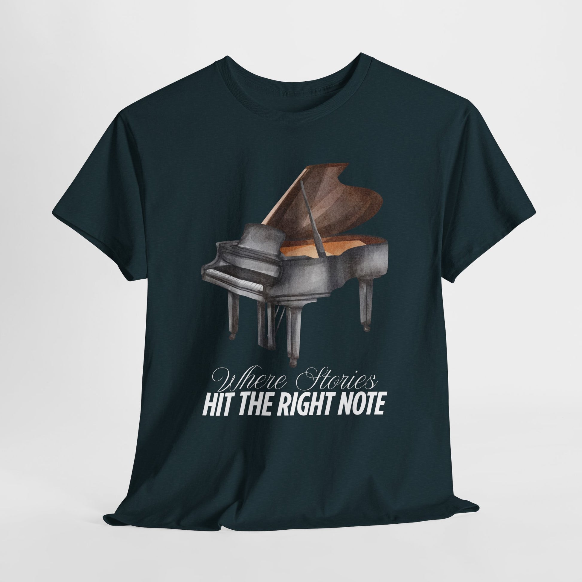 Dark t-shirt with a piano graphic and text 'Where Memories Hit The Right Note'