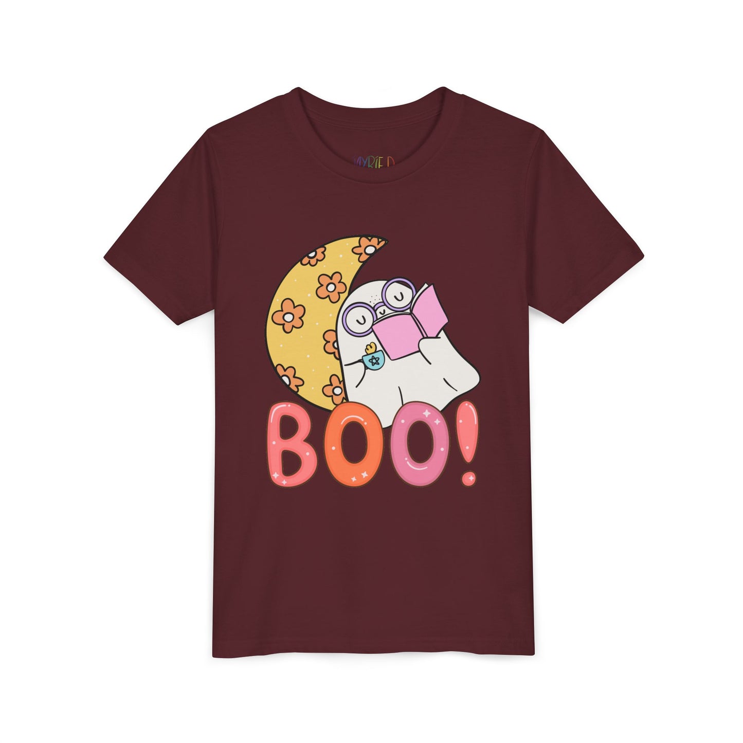 Maroon t-shirt with a cartoon ghost leaning on a crescent flowered moon with a hot beverage and a good book, text 'BOO!' in large letters 