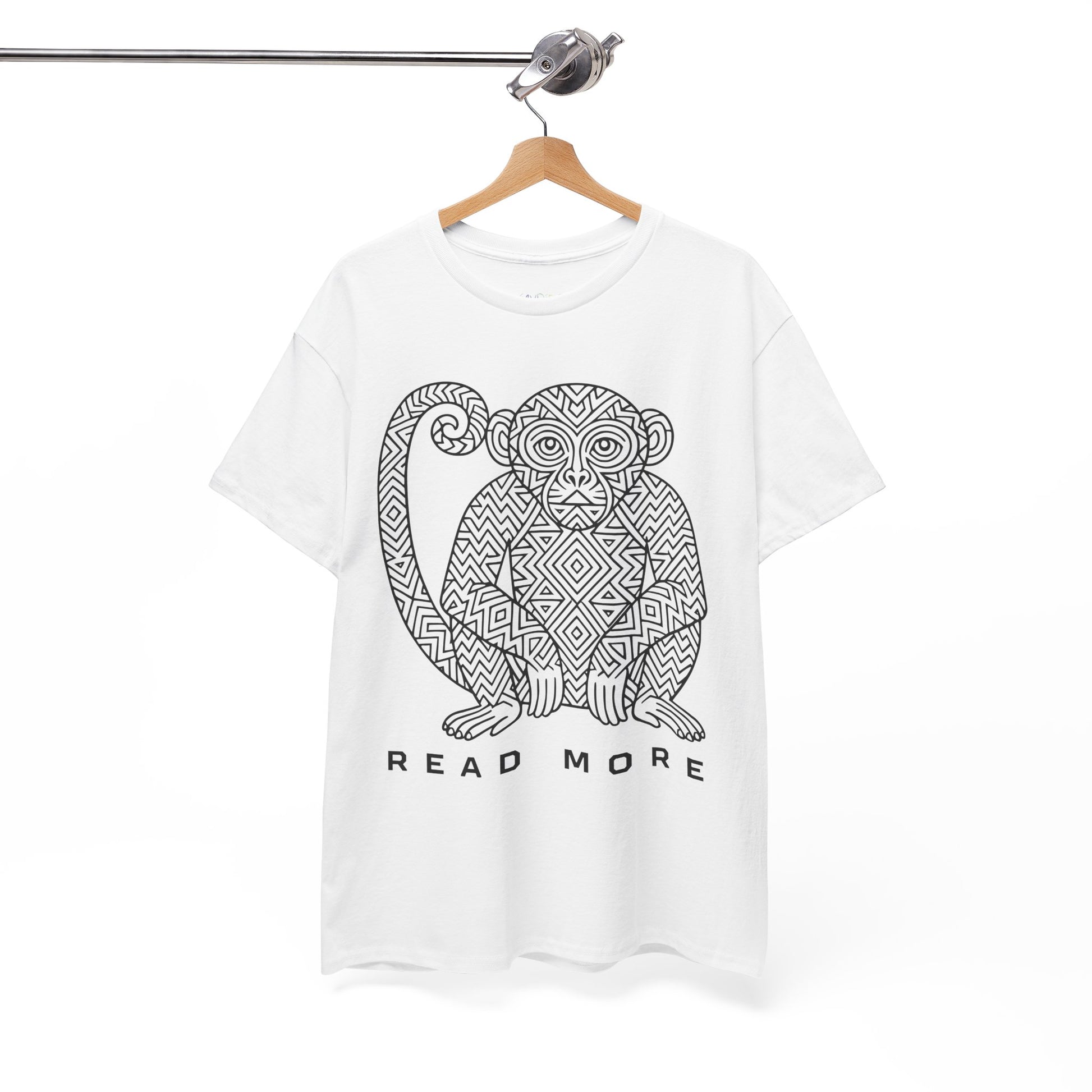 White t-shirt with a monkey graphic and 'Read More' text