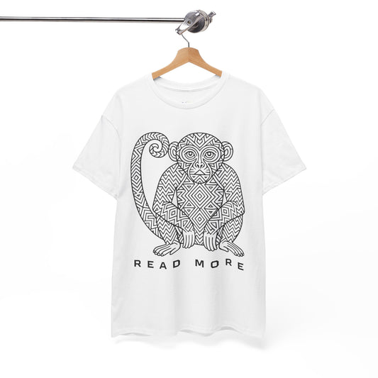White t-shirt with a monkey graphic and 'Read More' text