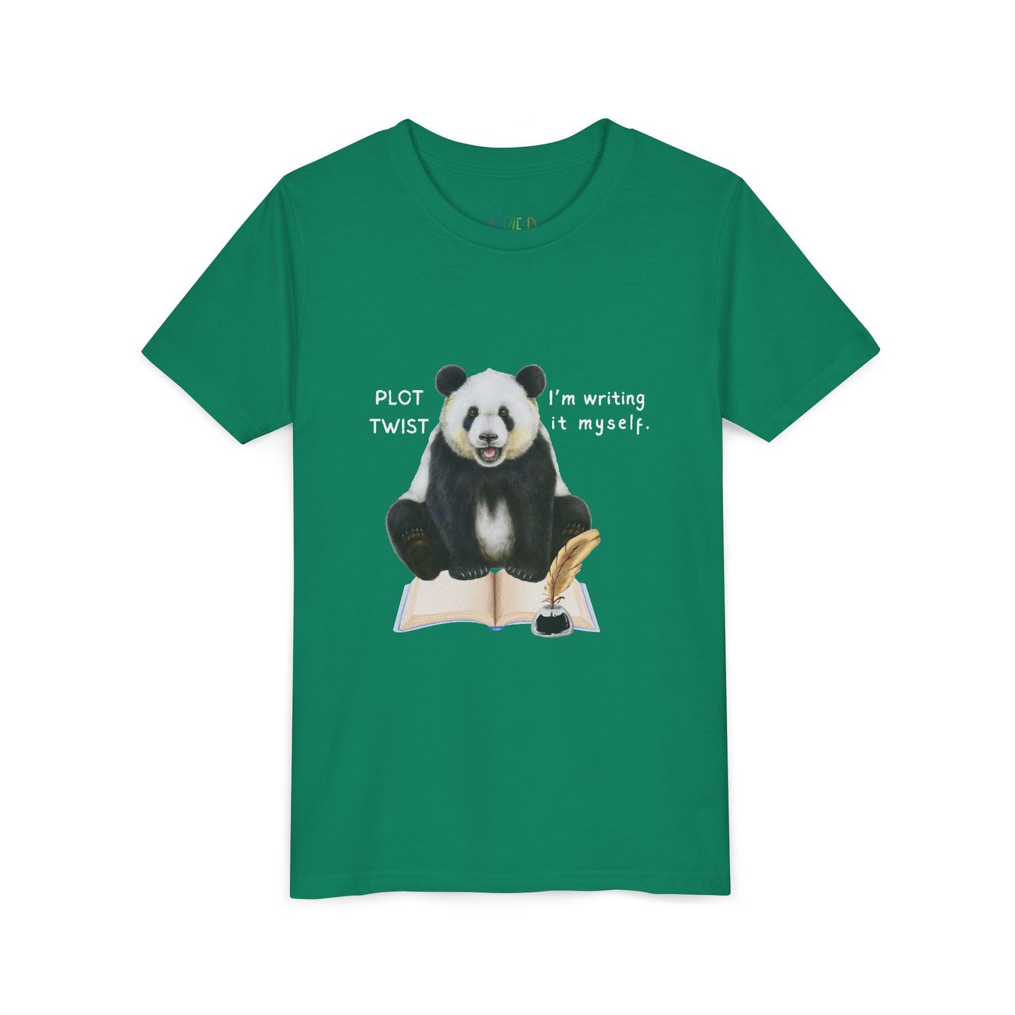 Green t-shirt with a panda graphic and text 'Plot Twist I'm Writing It Myself'