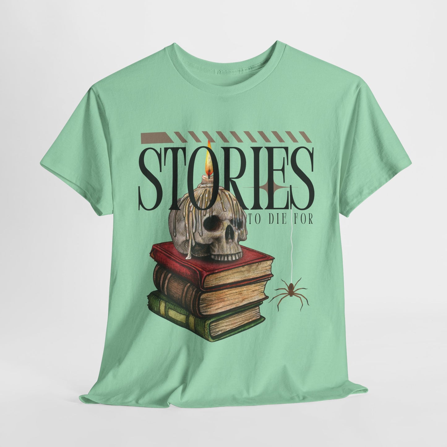Teen/Adult Unisex Stories to Die For T-Shirt – Skull & Books Horror Reader Tee