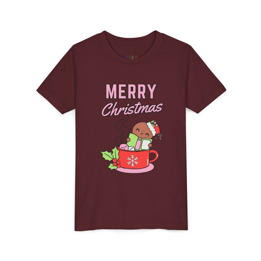 Maroon t-shirt with 'Merry Christmas' text and cartoon character in a red cup on a white background