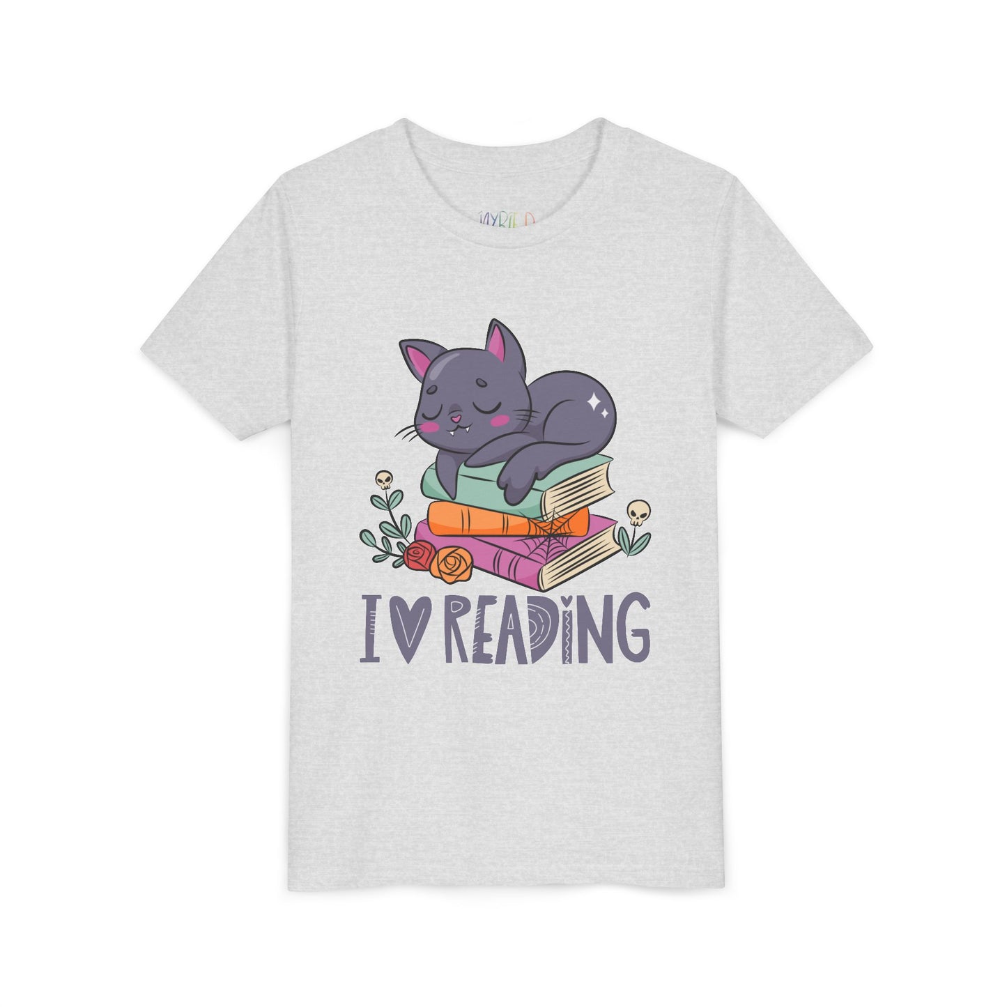 Light gray t-shirt with a cat snoozing on a stack of books and 'I love reading' text 