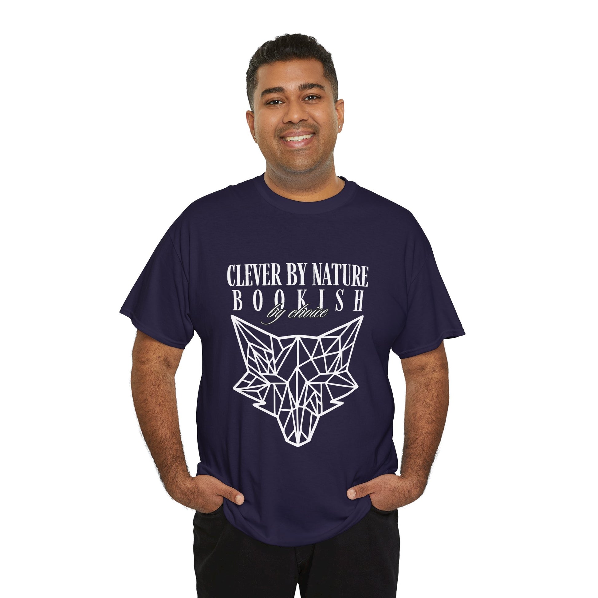 Man wearing a dark blue t-shirt with white geometric fox design and text 'Clever by Nature, Bookish By Choice'