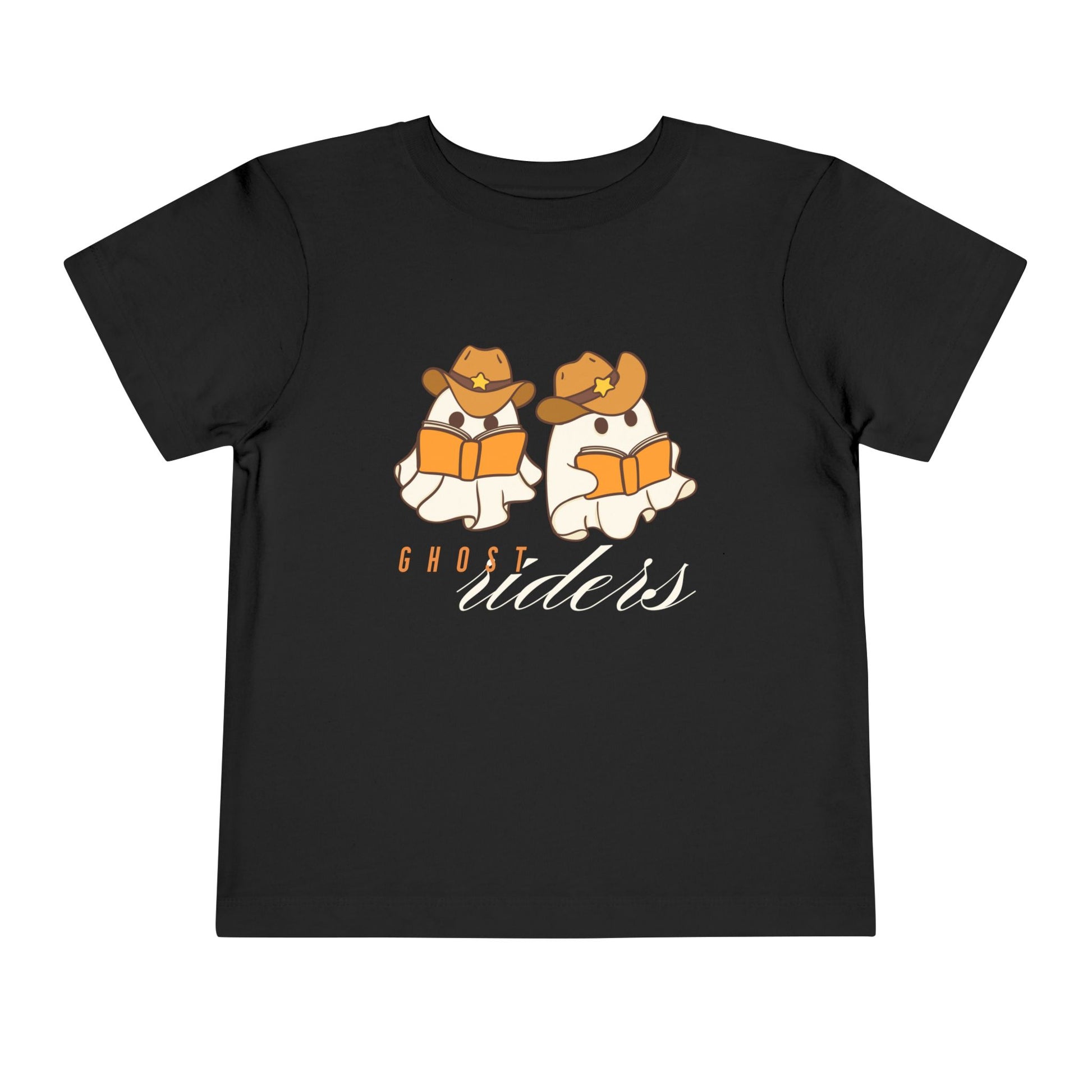 Black t-shirt with two cowboy hat wearing ghosts reading books and text 'Ghost Riders' 