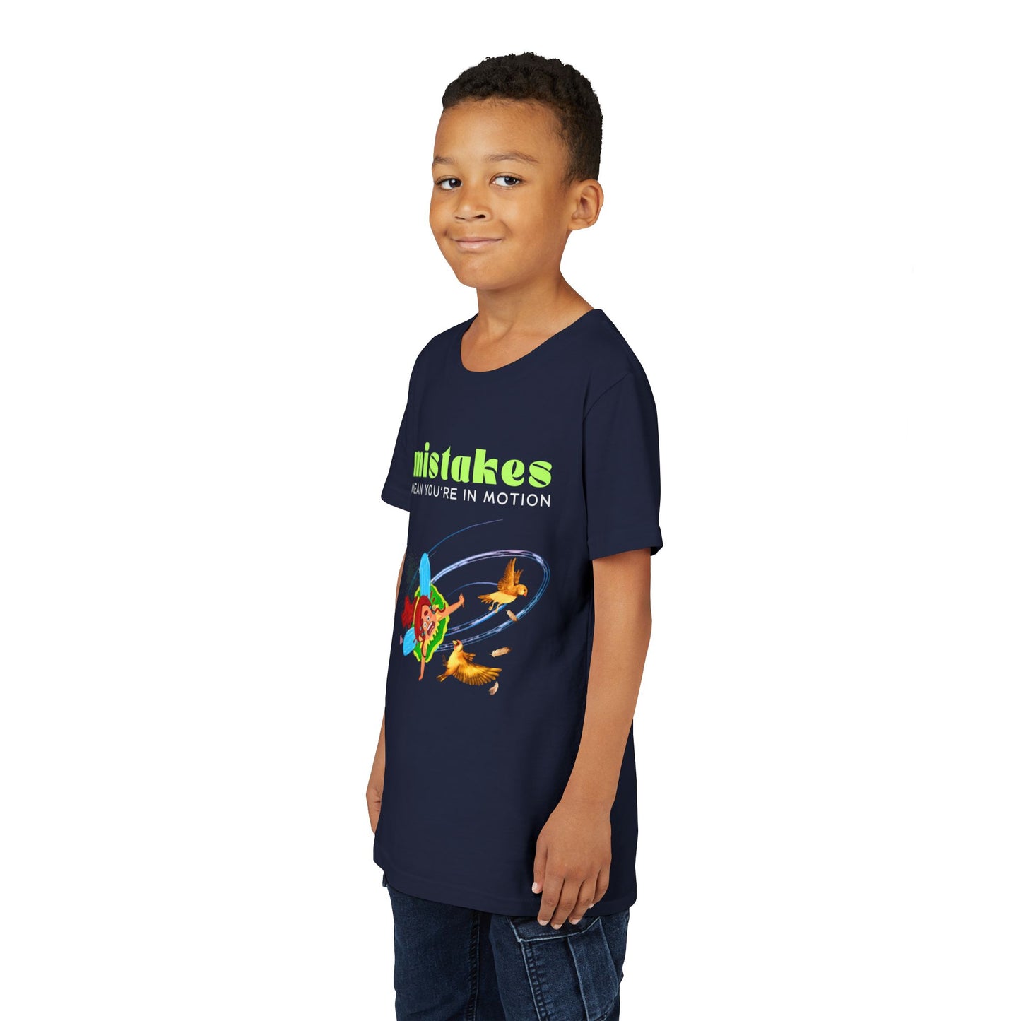 Boy wearing a navy blue t-shirt with fairy crashing into birds mid-air and text 'MISTAKES Mean You're In Motion'
