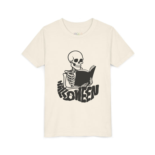Beige t-shirt with a black skeleton reading a book and 'Halloween' text spelled out in a spooky font