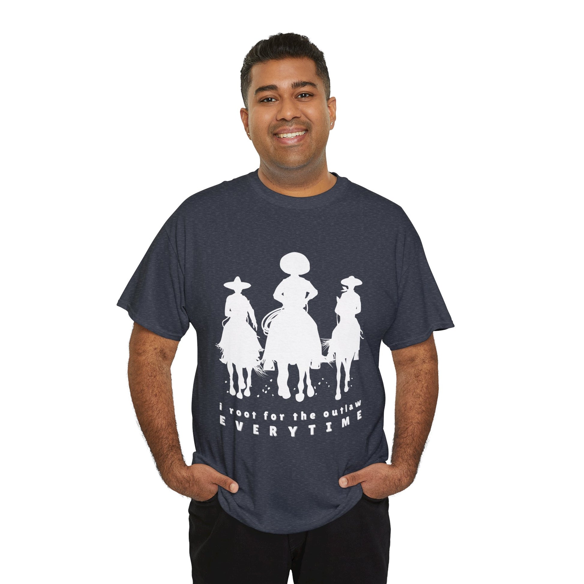 Man wearing a heather navy t-shirt with white cowboys on horses and text 'I root for the outlaw EVERYTIME'