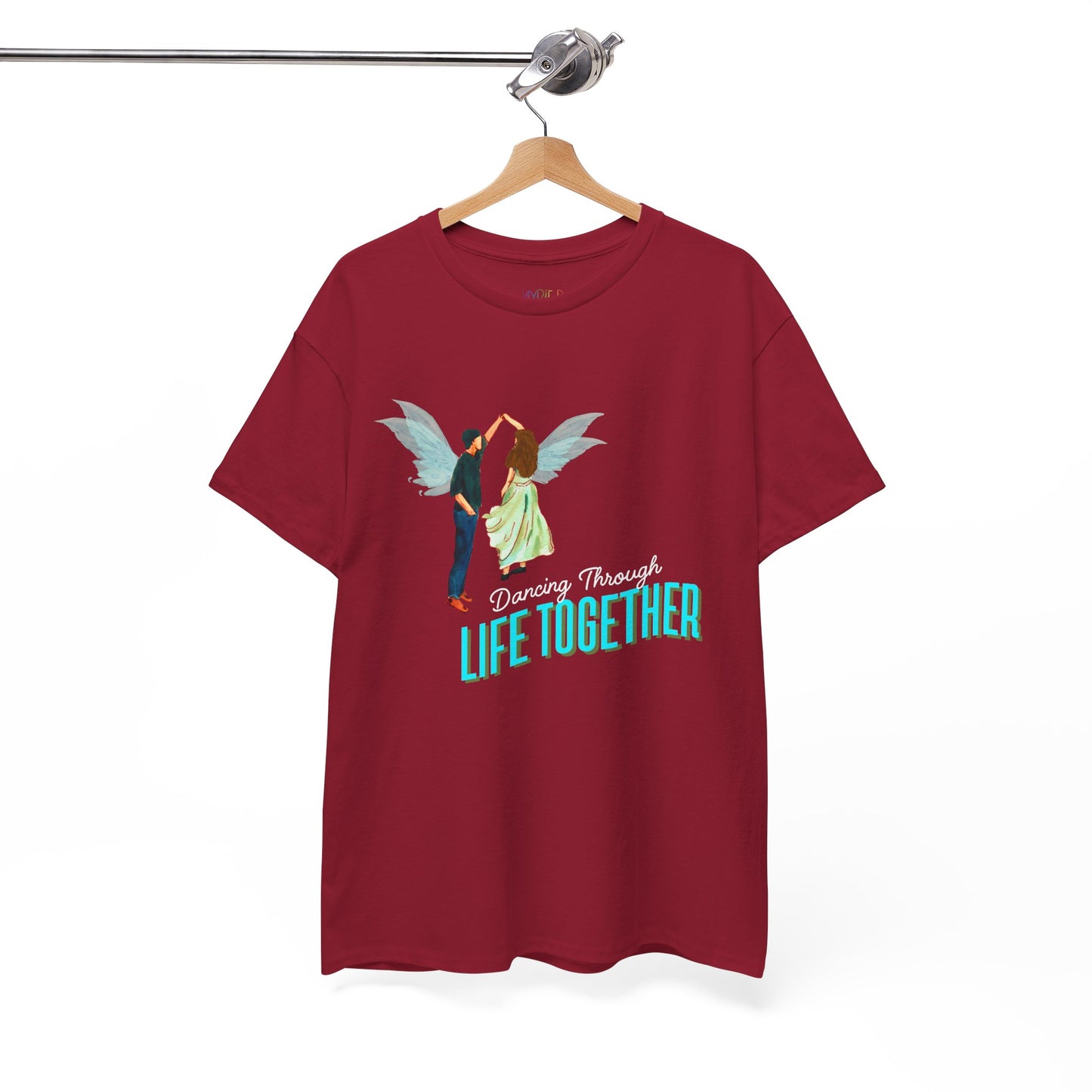 Red t-shirt with two fairies dancing and text 'Dancing Through Life Together' 