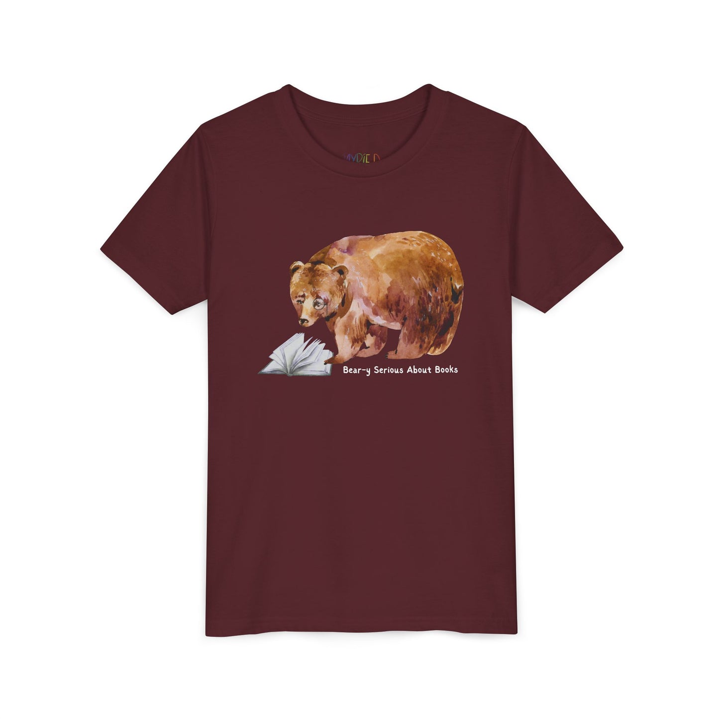 Maroon t-shirt with a monacle wearing bear reading a book and text 'bear-y serious about books'