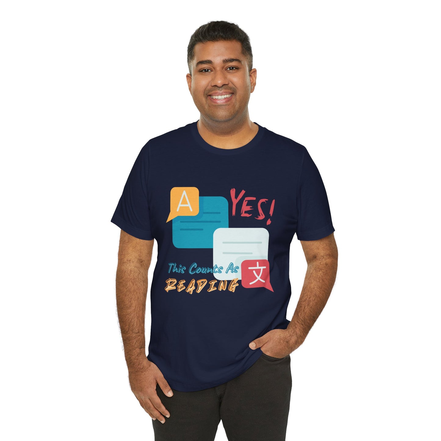 Man wearing a navy blue t-shirt with colorful instant messaging boxes and text 'YES! This Counts As Reading'