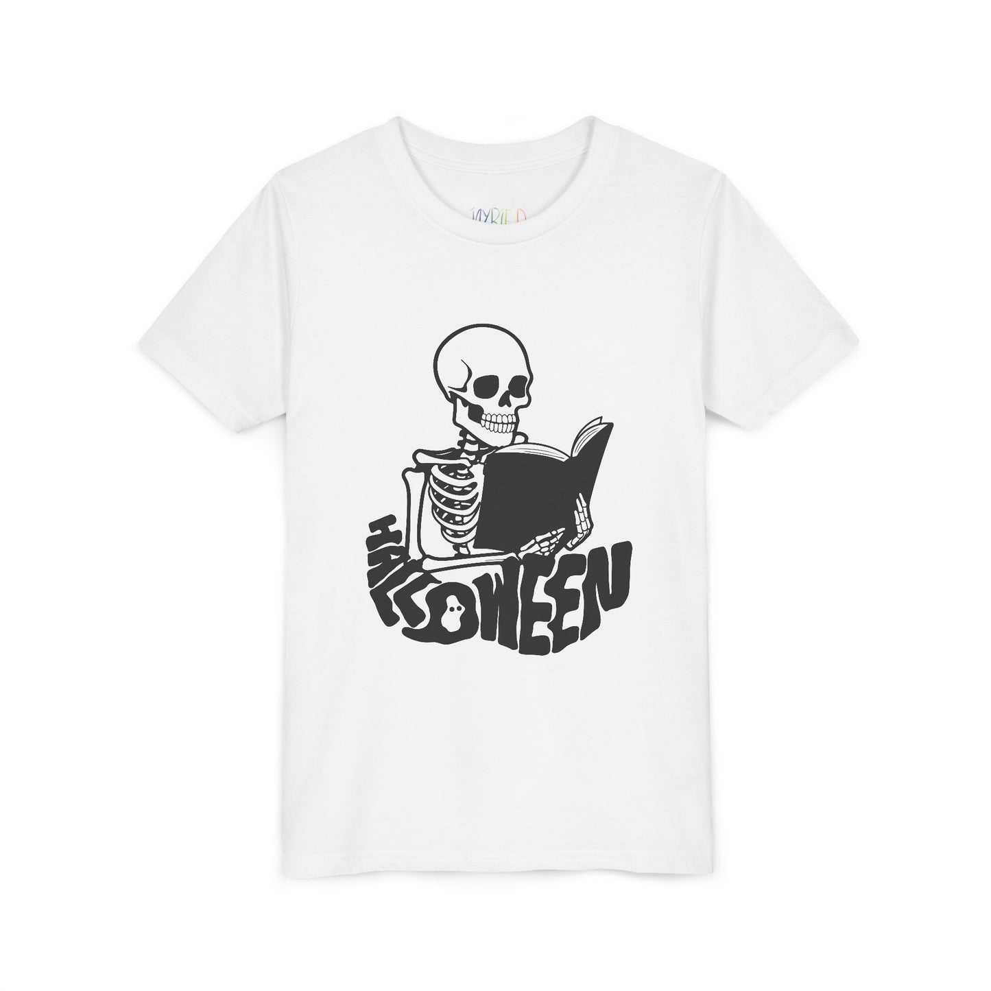 White t-shirt with a black skeleton reading a book and 'Halloween' text spelled out in a spooky font
