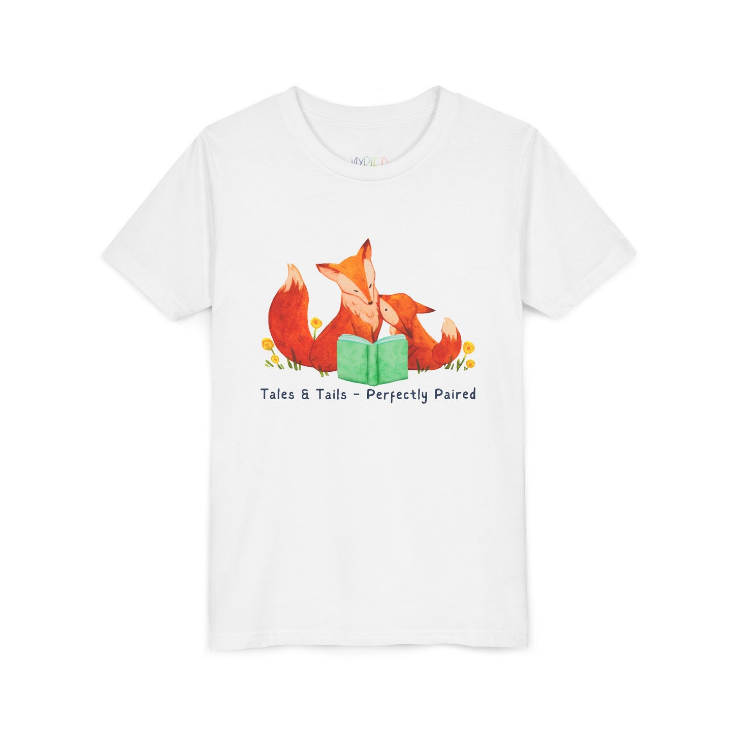 White t-shirt with fox family reading a book and text 'tales & tails - perfectly paired'