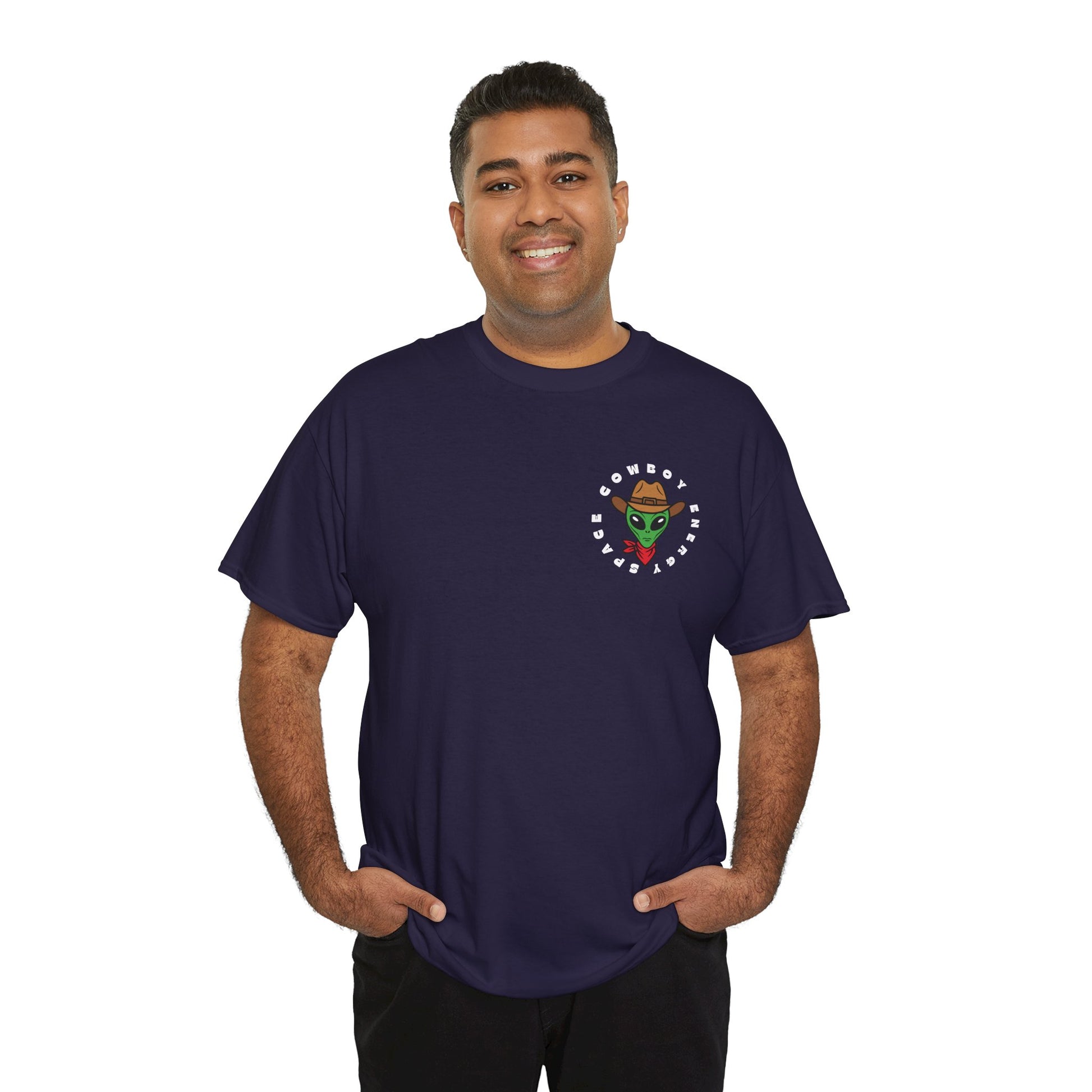 Man wearing a blackberry t-shirt with a small space cowboy alien in the top corner, circled by text 'Space Cowboy Energy' 
