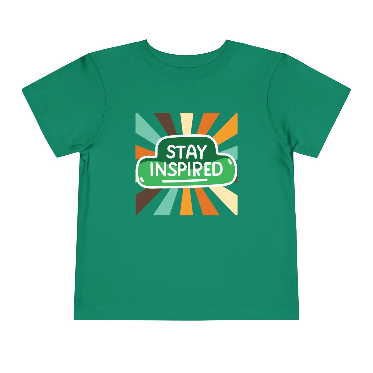 Green t-shirt with 'Stay Inspired' graphic design with fun retro stripes