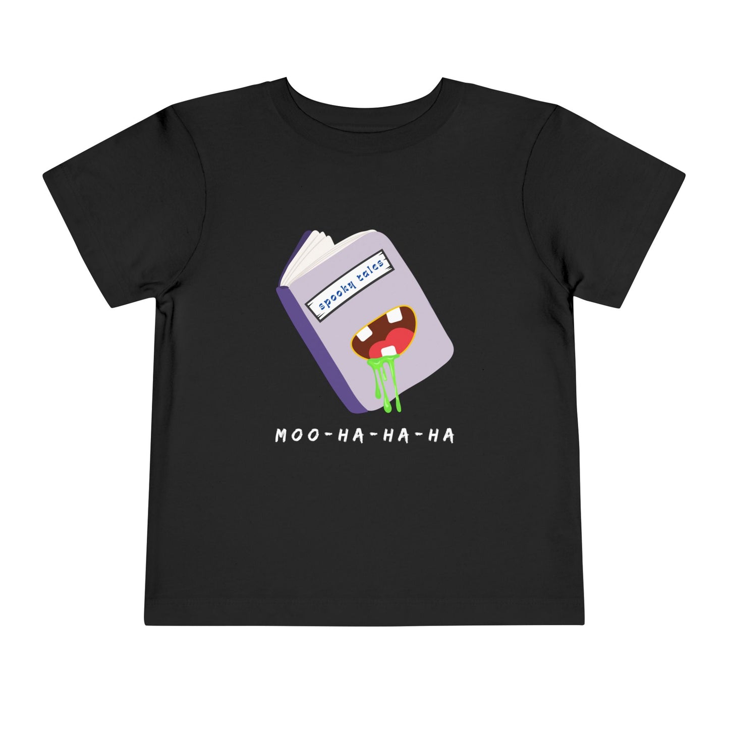 Black toddler 'Moo-Ha-Ha-Ha' spooky tales t-shirt on a white back ground