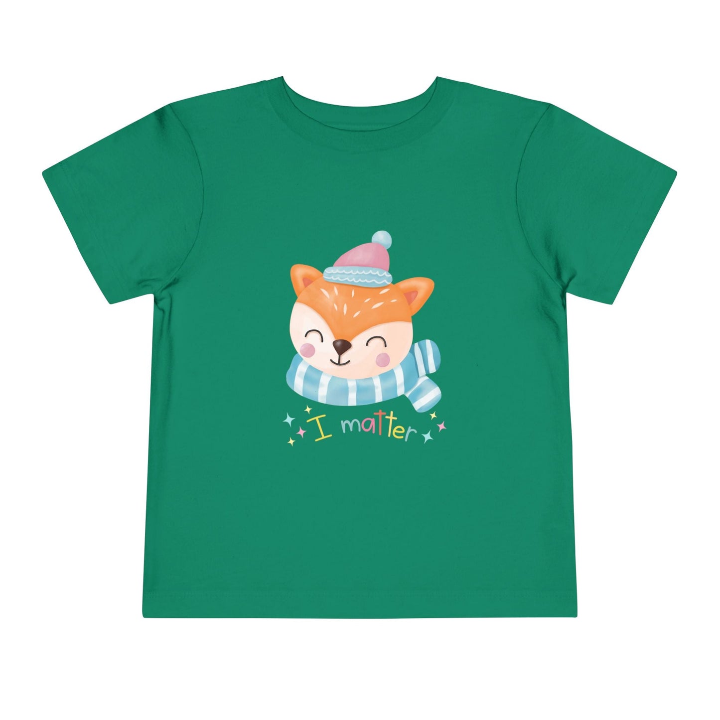 Green toddler t-shirt with a winter fox graphic and 'I matter' text on a white background