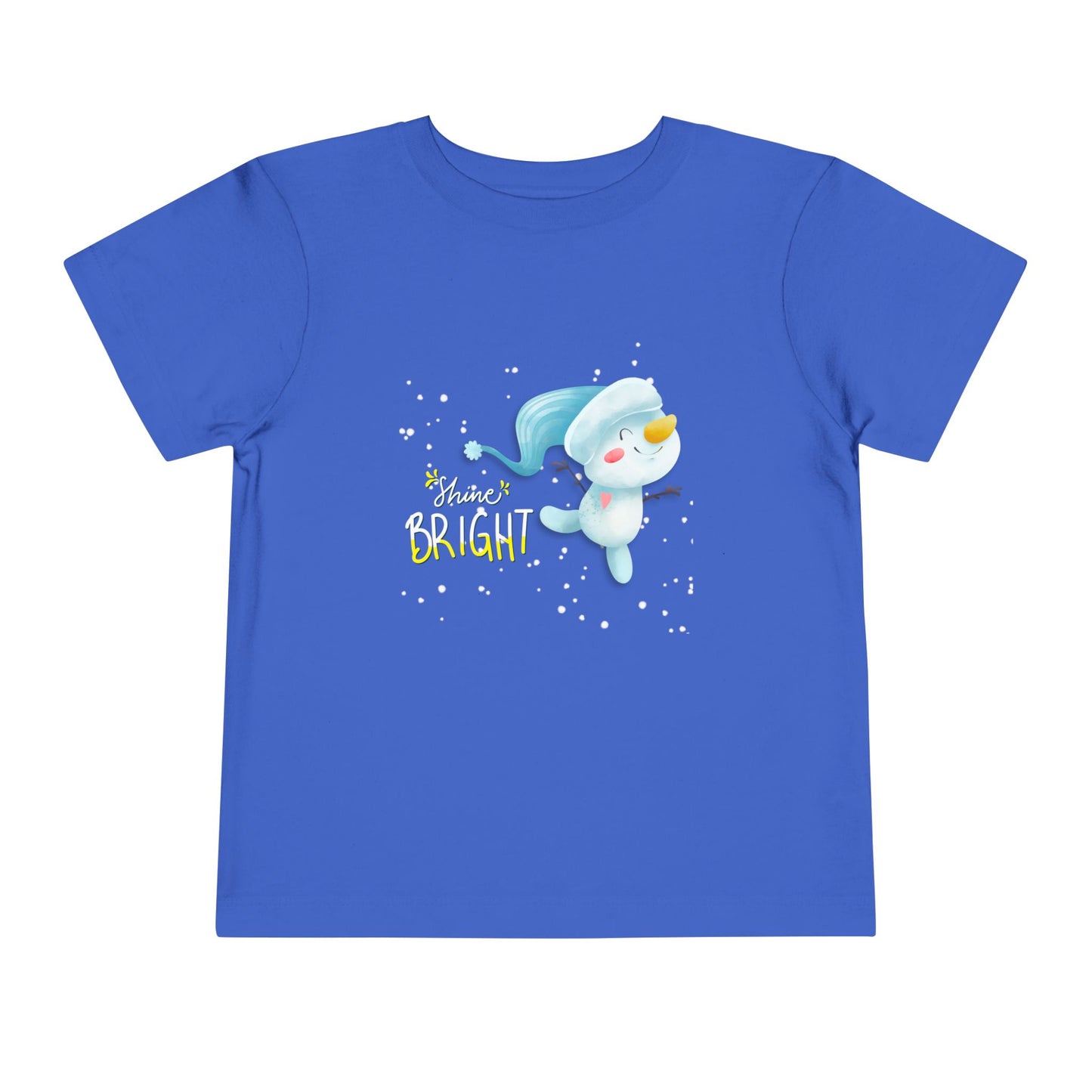 Blue toddler t-shirt with a swirling snowman graphic and 'Shine Bright' text on a white background