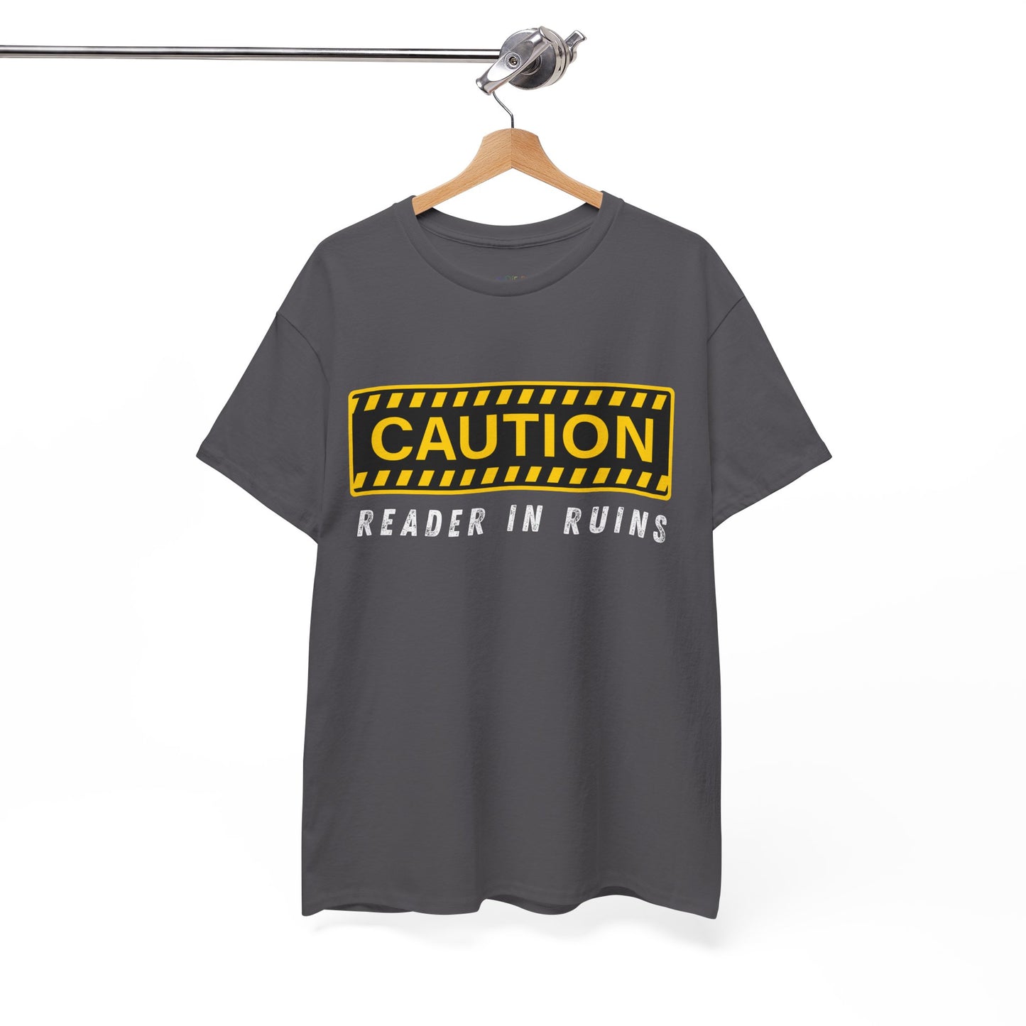 Gray t-shirt with yellow and black 'Caution' graphic and text beneath ' Reader In Ruins'