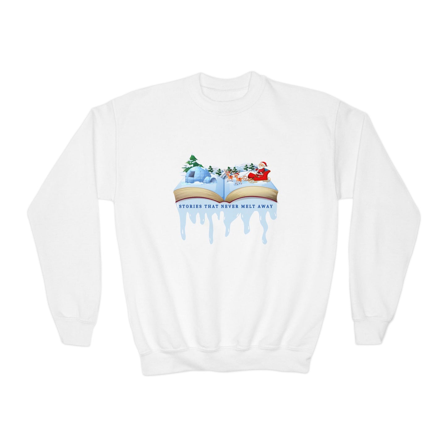 White sweatshirt with open book featuring a 3D Christmas design, dripping ice and text' Stories That Never Melt Away' 