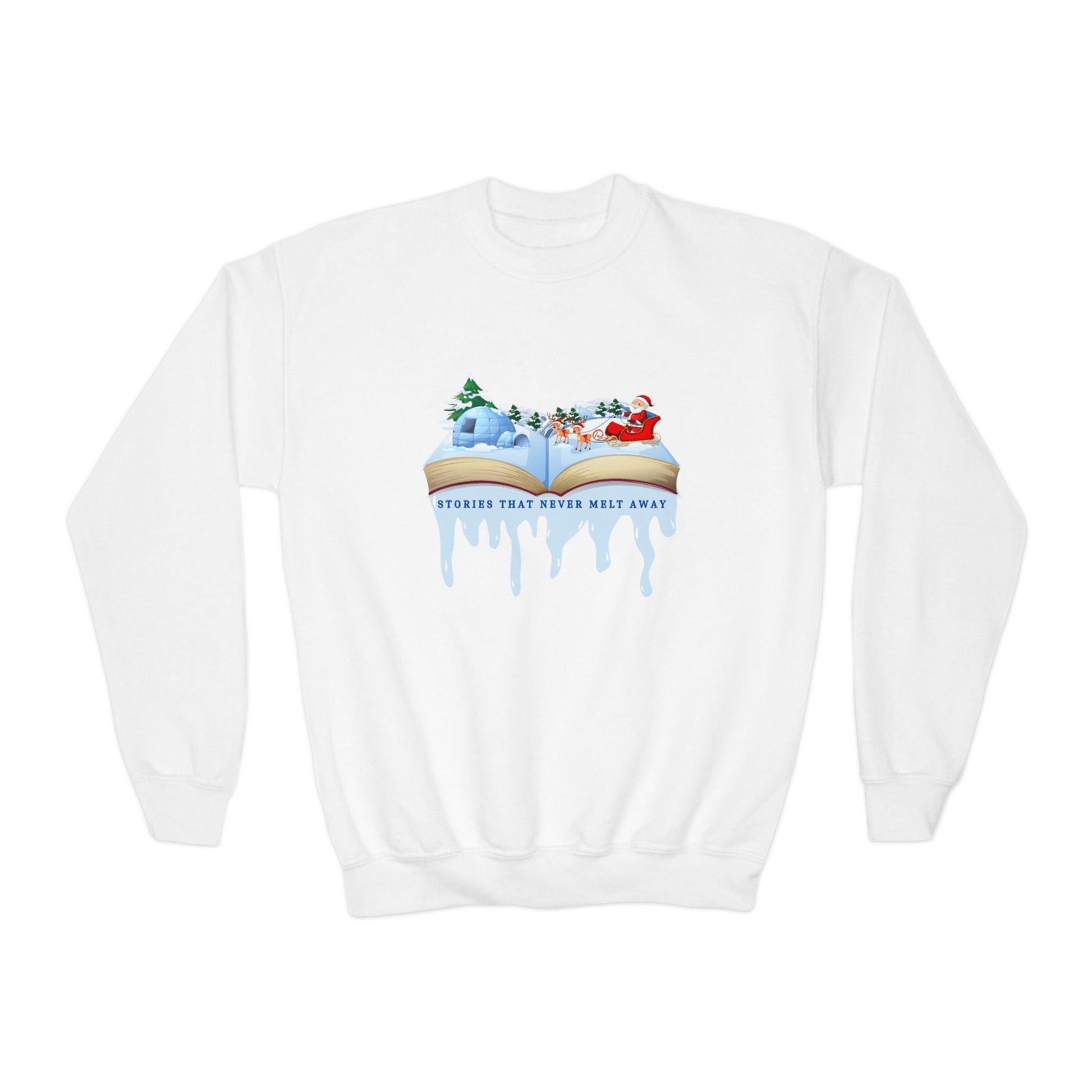 White sweatshirt with open book featuring a 3D Christmas design, dripping ice and text' Stories That Never Melt Away' 