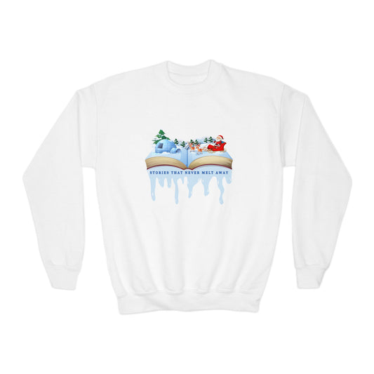 White sweatshirt with open book featuring a 3D Christmas design, dripping ice and text' Stories That Never Melt Away' 