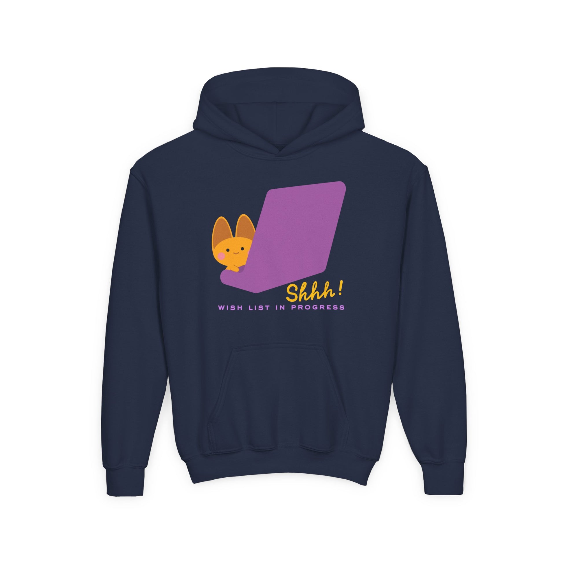 Navy blue hoodie with a graphic of a cat peeking from behind a purple laptop, text, 'Shhh! Wish list in progress', on a white background.