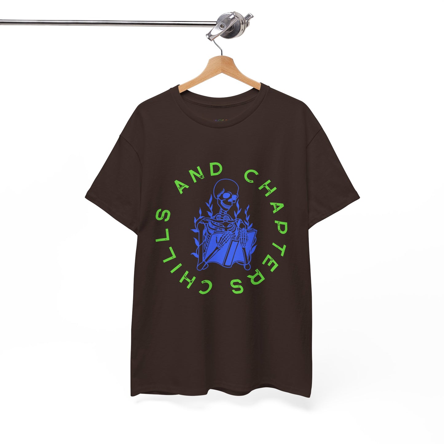 Teen/Adult Unisex Chills and Chapters T-Shirt â€“ Skeleton Horror Reader Graphic Tee
