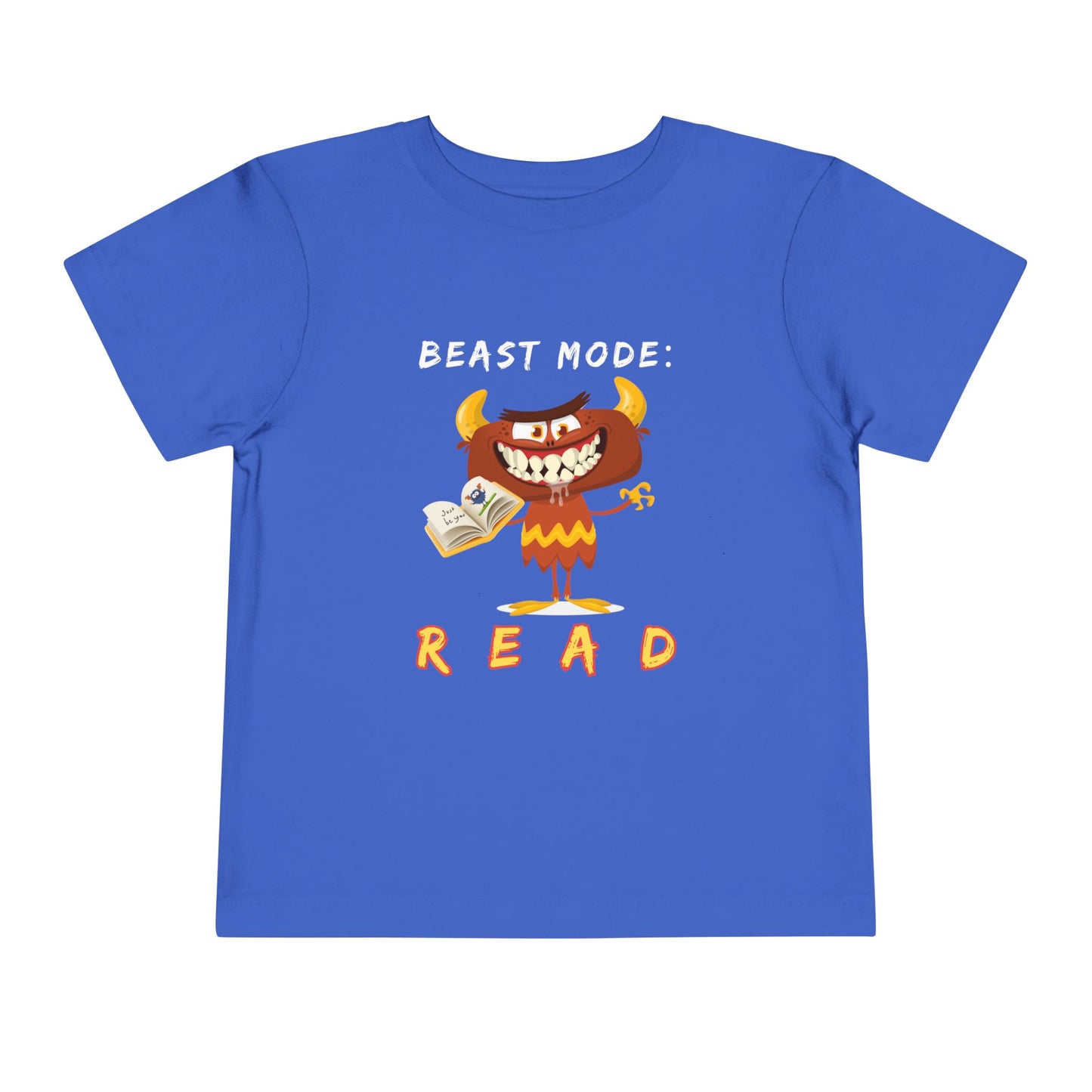 Blue toddler t-shirt with a drooling cartoon monster holding a book and text 'Beast Mode: Read' 