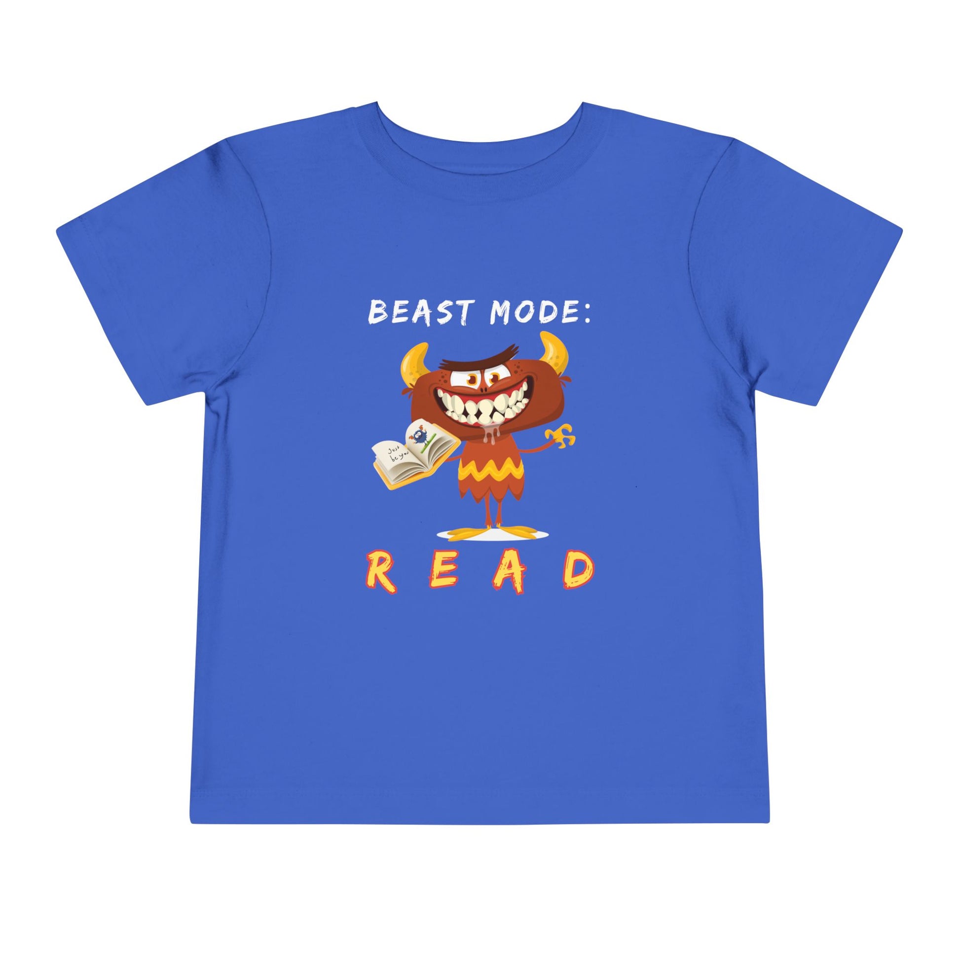 Blue toddler t-shirt with a drooling cartoon monster holding a book and text 'Beast Mode: Read' 