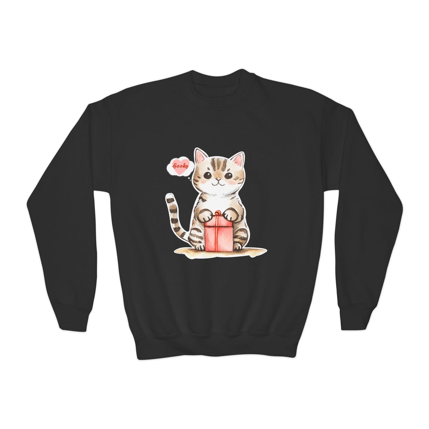 Youth Books & Kitty Gift Sweatshirt â€“ Cute Holiday Cat Design Printify