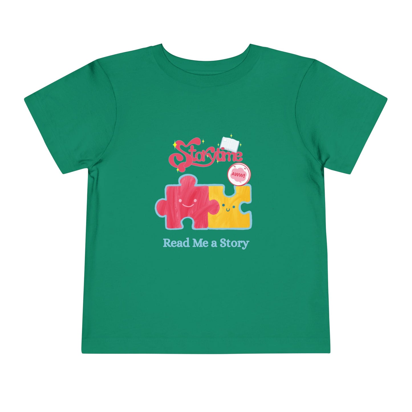 Green toddler t-shirt with colorful puzzle pieces and 'Read Me A Story' text 