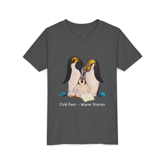 Gray t-shirt with a penguin family, open book and text 'Cold Feet - Warm Stories'