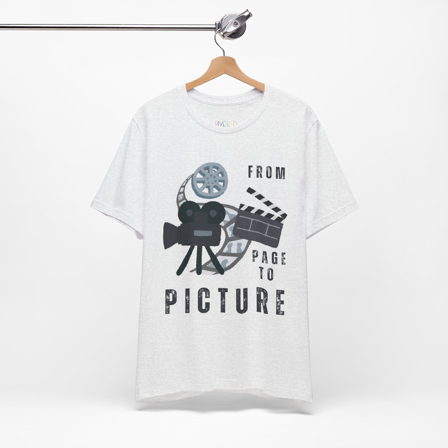 Light ash gray t-shirt with movie-themed graphic and text 'From Page to Picture' 