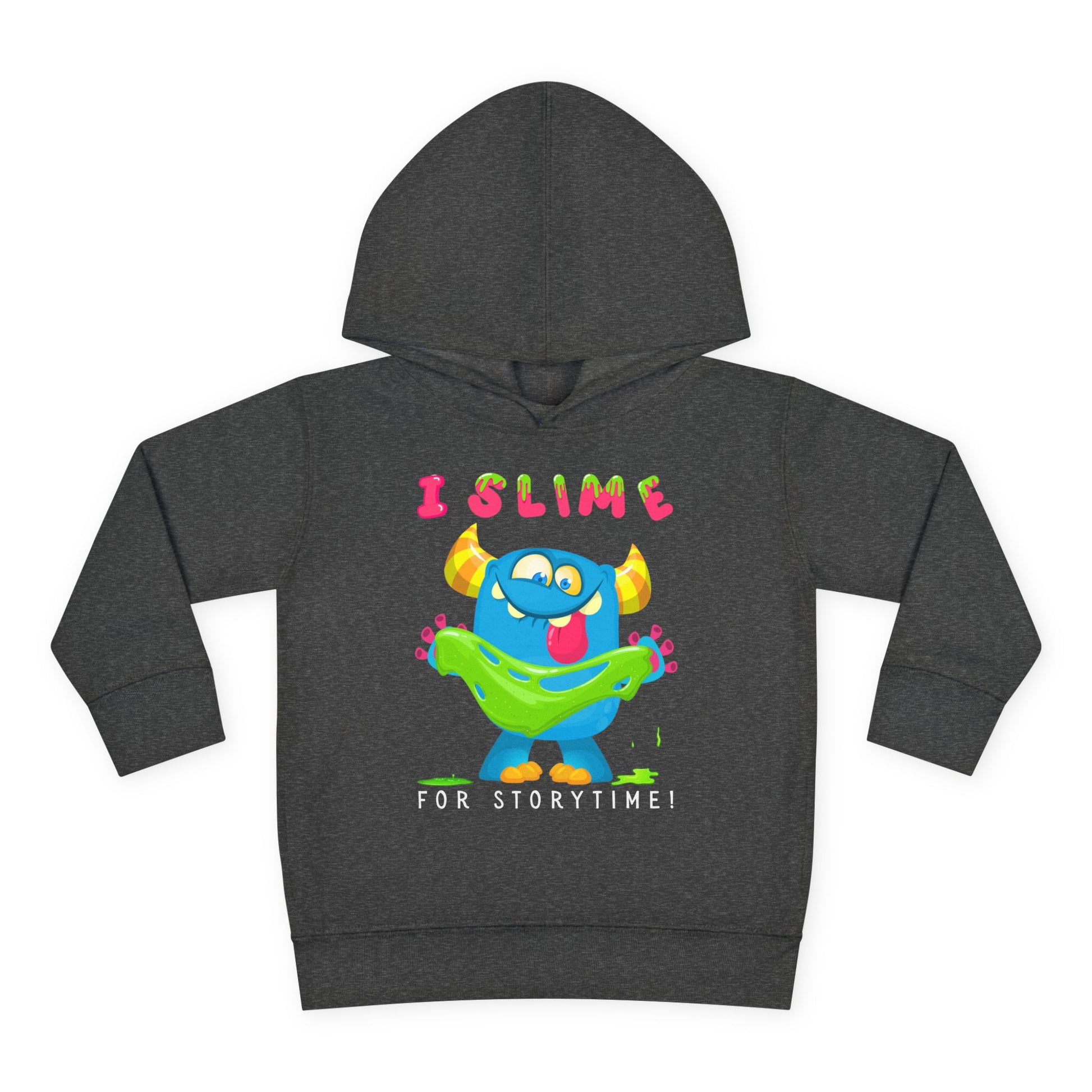 Blue cartoon monster playing with bright green slime while holding a book, with the words “I Slime for Storytime” above — printed on a toddler hoodie.