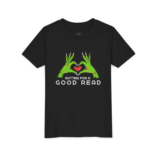 Black t-shirt with two zombie hands holding a heart and text "rotting for a good read"