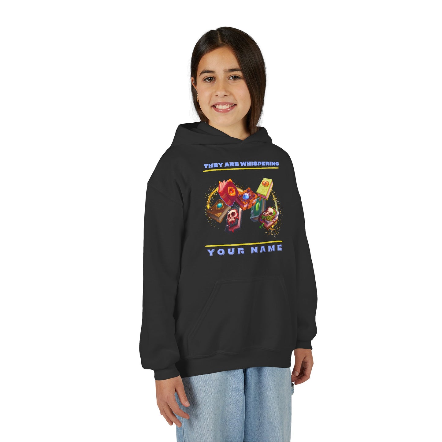Girl wearing a black hoodie with colorful swirling creepy book graphics and text 'They Are Whispering Your Name'