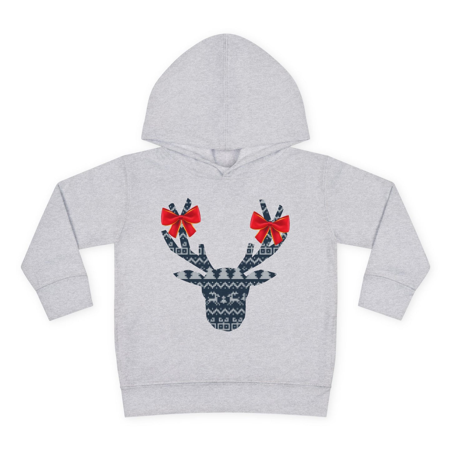 Gray hoodie with a blue and gray patterned reindeer design featuring red bows on each antler on a white background